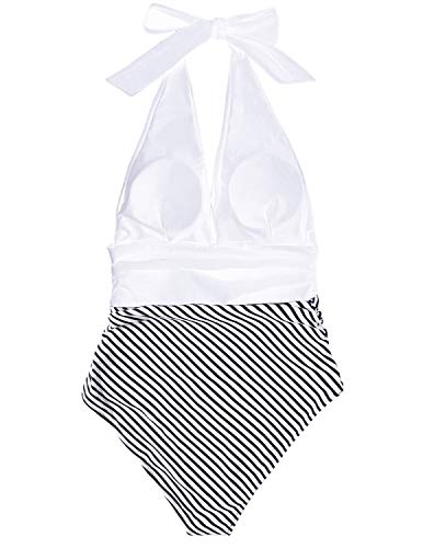 BUOYDM Trajes de una Pieza Mujeres Cintura Alta Rayas Cuello en V de Baño Trajes Bañador Conjunto de Bikini Push up Blanco XL