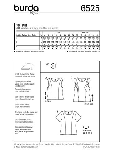 BURDA 6525 - Patrón de costura para camiseta de mujer (talla 38-20)