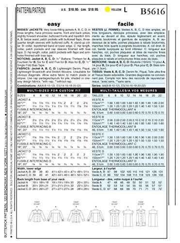 BUTTERICK B5354 - Patrón de Costura para Confeccionar Chaqueta y Chaleco de Mujer (4 diseños, Tallas 32-38, en inglés y alemán)