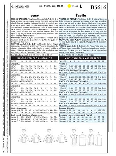 BUTTERICK B5354 - Patrón de Costura para Confeccionar Chaqueta y Chaleco de Mujer (4 diseños, Tallas 32-38, en inglés y alemán)