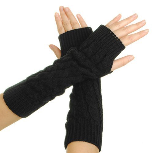 Butterme 1 Par Moda Invierno Calentador Mujeres Lady Girl Punto Crochet Largo Suave Mano Guantes Brazo Manga Larga Asaltado Sin Dedos Guantes Elástico Punto Thumb Hole Guantes Mitones(Negro)