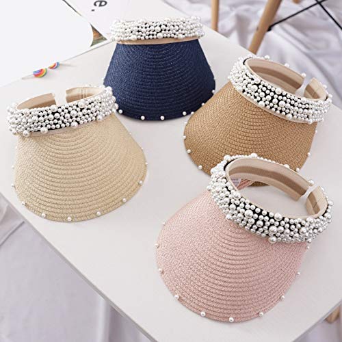 Bvcx Nueva Perlas verano de las mujeres sombrero de mujer elegante de la perla de paja sombrero for el sol sombrero de visera ancha ala for niñas sombreros de la playa cápsula de la manera de las seño