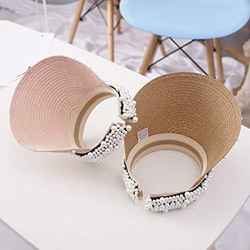 Bvcx Nueva Perlas verano de las mujeres sombrero de mujer elegante de la perla de paja sombrero for el sol sombrero de visera ancha ala for niñas sombreros de la playa cápsula de la manera de las seño