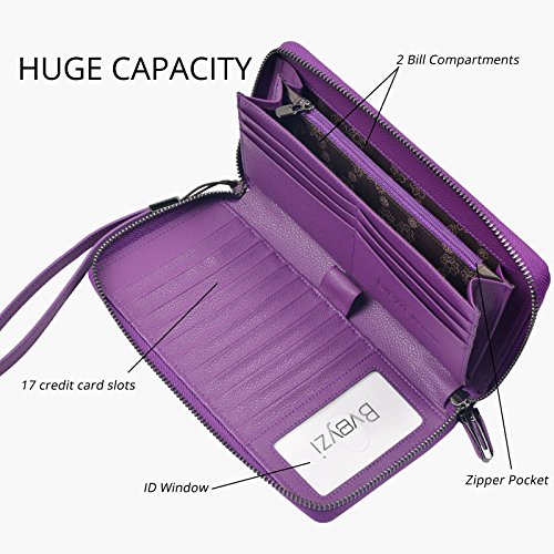 Bveyzi Mujeres RFID Bloqueo Billetera Cuero Zip Alrededor de Embrague Grande Viaje Bolso Correa para la muñeca Púrpura