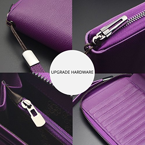 Bveyzi Mujeres RFID Bloqueo Billetera Cuero Zip Alrededor de Embrague Grande Viaje Bolso Correa para la muñeca Púrpura