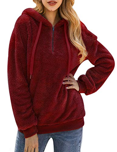 Bwiv Sudadera Mujer con Capucha Caliente Flexible Invierno Otoño en Piel Sintética Multi Color Chaqueta Polar Casual Moda Amplio Burdeos Talla S