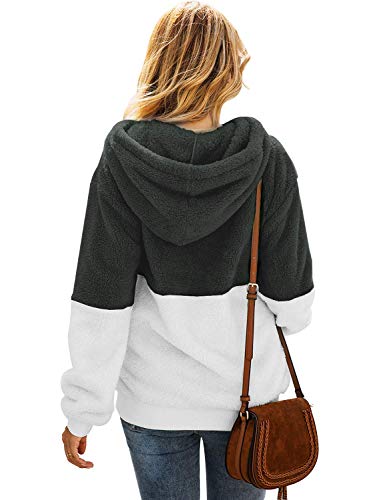Bwiv Sudadera Mujer con Capucha Caliente Flexible Invierno Otoño en Piel Sintética Multi Color Chaqueta Polar Casual Moda Amplio Verde Musgo y Blanco Empalme Talla M
