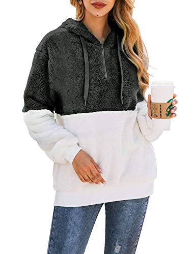 Bwiv Sudadera Mujer con Capucha Caliente Flexible Invierno Otoño en Piel Sintética Multi Color Chaqueta Polar Casual Moda Amplio Verde Musgo y Blanco Empalme Talla M