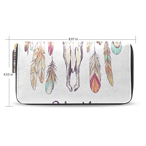 Cabeza Cráneo étnico Boho Pluma Pasaporte largo Bolsos de embrague Cremallera Monedero Bolso Bolso organizador de dinero Titular de la tarjeta de crédito Para dama Mujer Chica Hombre Regalo de viaje