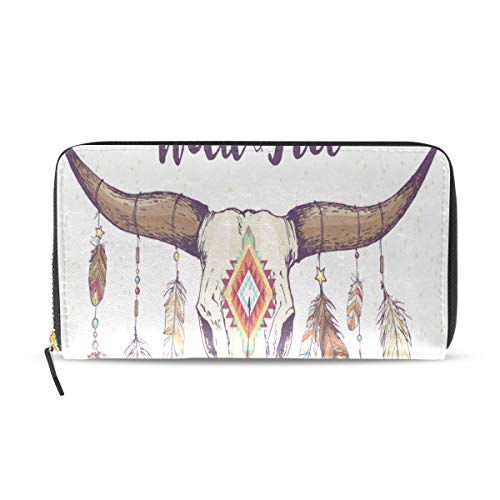 Cabeza Cráneo étnico Boho Pluma Pasaporte largo Bolsos de embrague Cremallera Monedero Bolso Bolso organizador de dinero Titular de la tarjeta de crédito Para dama Mujer Chica Hombre Regalo de viaje