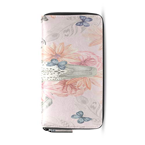 Cabeza Cráneo étnico Boho Pluma Pasaporte largo Bolsos de embrague Cremallera Monedero Bolso Bolso organizador de dinero Titular de la tarjeta de crédito Para dama Mujer Chica Hombre Regalo de viaje