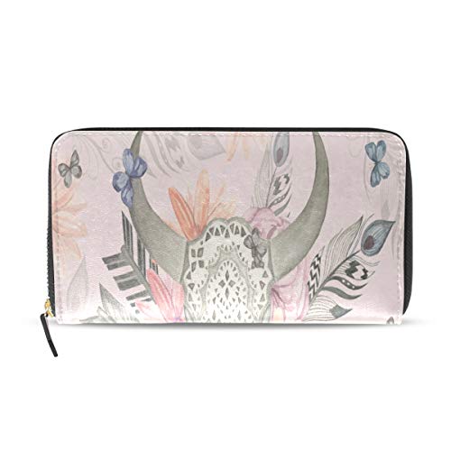 Cabeza Cráneo étnico Boho Pluma Pasaporte largo Bolsos de embrague Cremallera Monedero Bolso Bolso organizador de dinero Titular de la tarjeta de crédito Para dama Mujer Chica Hombre Regalo de viaje