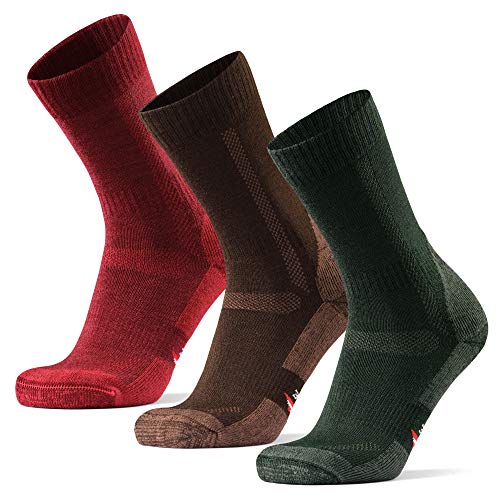 Calcetines de Senderismo y Trekking de Lana Merina para Hombre, Mujer y Niños, Pack de 3 (Multicolor: Marrón, Verde, Rojo, EU 39-42)