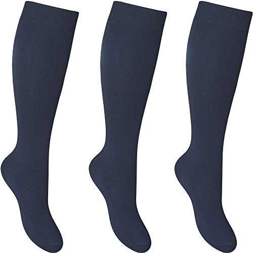 Calcetines escolares altos hasta la rodilla, de algodón, para chicas, paquete de 3 pares Azul azul marino