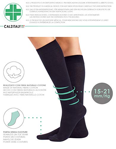 CALCETINES MEDICOS DE ALGODÓN | MEDIAS HASTA LA RODILLA A COMPRESIÓN GRADUADA FUERTE | 15-21mm/Hg | CALCETERÍA ITALIANA | (XL, AZUL)
