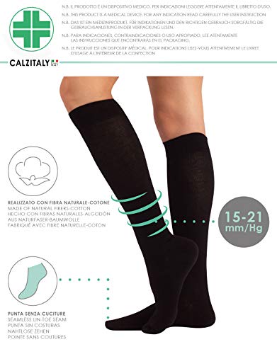 CALCETINES MEDICOS DE ALGODÓN | MEDIAS HASTA LA RODILLA A COMPRESIÓN GRADUADA FUERTE | 15-21mm/Hg | CALCETERÍA ITALIANA | (XL, NEGRO)