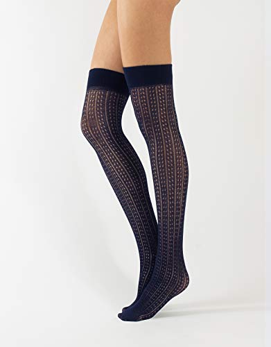 CALCETINES SOBRE LA RODILLA PARA MUJERES Y CHICAS EN ALGODON | MEDIAS ALTAS CALADAS CON DISENO CHEVRON | AZUL, GRIS, NEGRO | 300 DEN | TALLA UNICA | MADE IN ITALY | (Canalé Azúl)