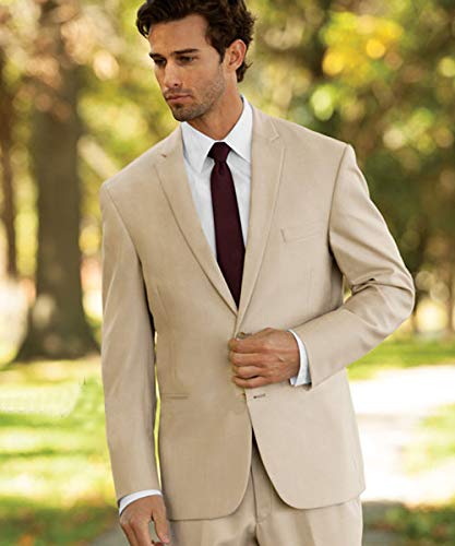 CALVINSUIT Hombre 2 Piezas 2 Botones de Chaqueta Beige y Pantalones Trajes de Boda Conjunto