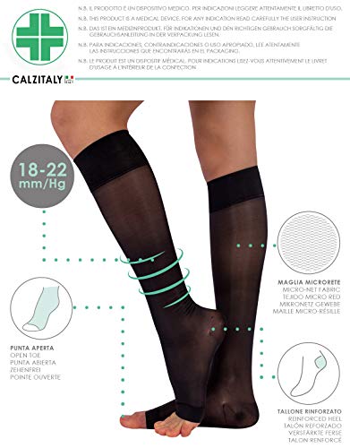 CALZITALY – Medias de compresión con la Punta Abierta, Medias de Descanso hasta la Rodilla | 18-22 mm/Hg | 140 DEN | Negro, Natural | S/M, L/XL | Made in Italy | (S/M, Negro)