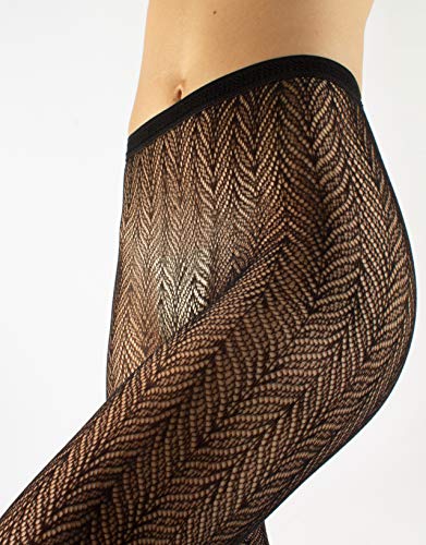 CALZITALY Medias Rejilla, Medias de Red, Medias sin Costuras, Medias con Hilo Reciclado, Mallas Fantasía Cebra, Espiga, Geométrica | Negro, Natural | S/M, L/XL | Made in Italy (L-XL, Negro-Espiga)