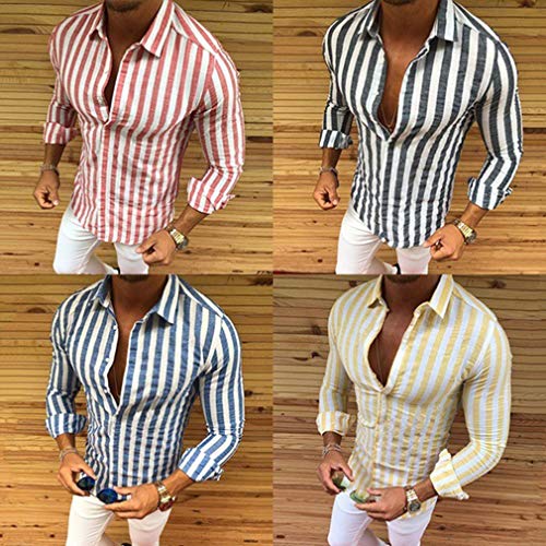 Camisa a Rayas para Hombre - Moda Manga Larga Collar Abatible Slim Fit Shirt Hombres Básica Casual Blusa con Botón Camisas Tops