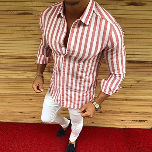 Camisa a Rayas para Hombre - Moda Manga Larga Collar Abatible Slim Fit Shirt Hombres Básica Casual Blusa con Botón Camisas Tops