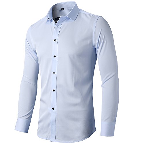 Camisa Bambú Fibra Hombre, Manga Larga, Slim Fit, Camisa Elástica Casual/Formal para Hombre, Celeste, 38 (Cuello 38CM, Pecho 96CM)