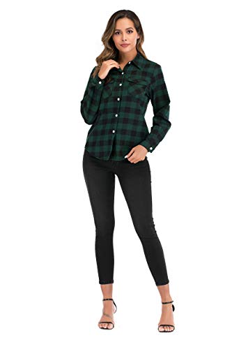 Camisa de Cuadros para Mujers Camisa Basiccon Botones 100% Algodón Camisetas Cuello en V Camisas de Vestir Manga Larga Casual Oficina Básico