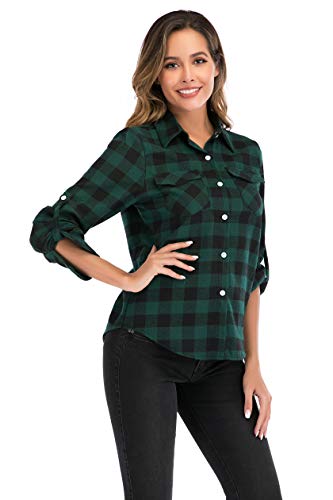 Camisa de Cuadros para Mujers Camisa Basiccon Botones 100% Algodón Camisetas Cuello en V Camisas de Vestir Manga Larga Casual Oficina Básico