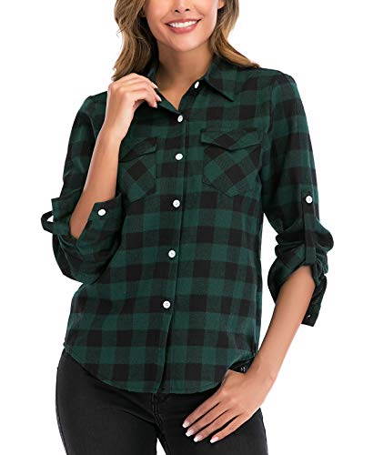 Camisa de Cuadros para Mujers Camisa Basiccon Botones 100% Algodón Camisetas Cuello en V Camisas de Vestir Manga Larga Casual Oficina Básico