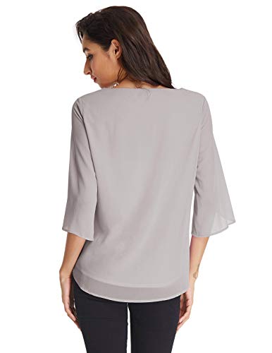 Camisa de Mujer con Cuello Redondo Mangas 3/4 en Gasa Liviana Transpirable para El Verano Gris Claro Y Blanco L CLAF15-8