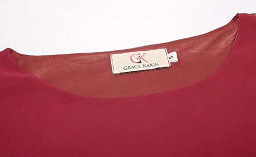 Camisa de Mujer Elegante Blusa Gasa 3/4 Blusa de Manga Camisa de Color Puro Top Rojo 2XL CLAF15-4