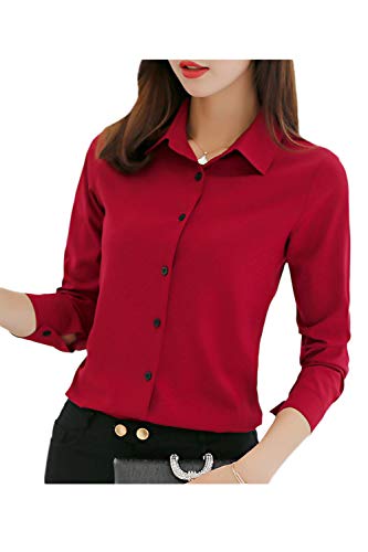 Camisa Entallada de Primavera con Blusa y Top de Manga Larga para Mujer Rojo XL