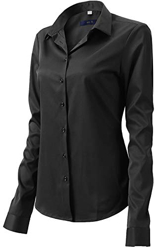 Camisa Mujer Bambú Fibra, Manga Larga Slim Fit, Elástica y Formal, Negro, 45 (Pecho 128CM, Cintura 110CM)