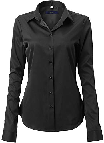 Camisa Mujer Bambú Fibra, Manga Larga Slim Fit, Elástica y Formal, Negro, 45 (Pecho 128CM, Cintura 110CM)