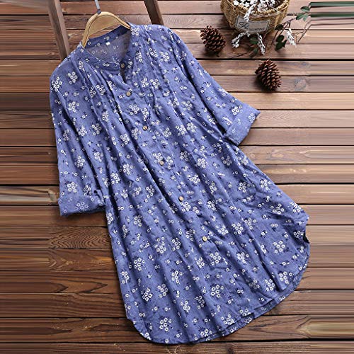 Camisa Mujer Playa Cuello Redondo Manga Larga Suelto algodón y Lino Camiseta Elegantes Arriba Casual Top Oficina Basica Primavera y Verano riou (Cielo Azul, XXXXXL)