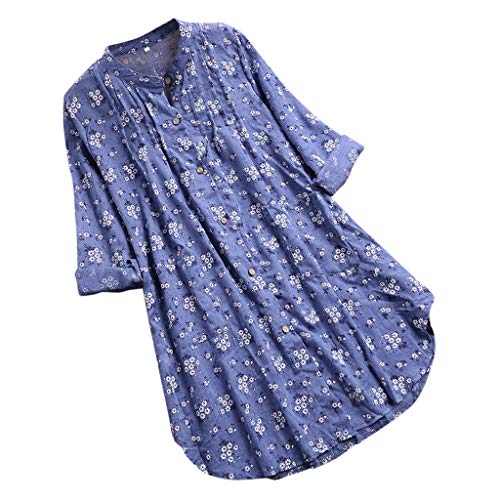 Camisa Mujer Playa Cuello Redondo Manga Larga Suelto algodón y Lino Camiseta Elegantes Arriba Casual Top Oficina Basica Primavera y Verano riou (Cielo Azul, XXXXXL)