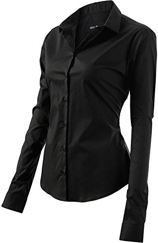 Camisas Mujer Elástica, Manga Larga Color Liso Corte Ajustado, Elegante y Formal, Negro, 38 (Talla del Fabricante 6)