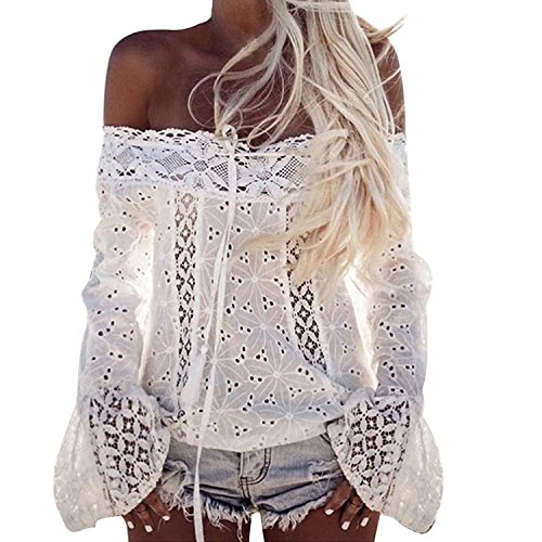 Camisas Mujer Manga Larga De La Trompeta Hombros Descubiertos Cuello Barco Elegantes Vintage Encaje Blusa Fashion Suelto Color Solido Outdoor Casual Camisetas Blusas Tops