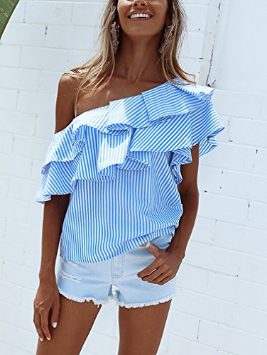 Camisas Mujer Verano Rayas Sin Mangas Hombros Descubiertos Volantes Elegantes Vintage Asimetricas Irregular Jovenes Moda Outdoor Casual Camisa Blusa Blusas Tops