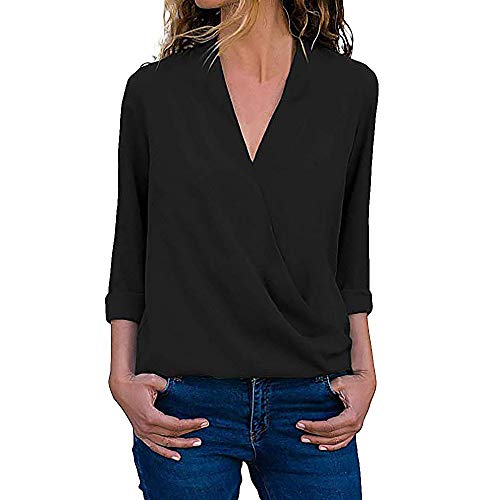 Camisas para Mujer, Moda Camiseta Sólida Mujer Gasa Blusas de Oficina de Manga Larga Lisa de Mujer Elegantes de Vestir Fiesta Camisetas Chica riou