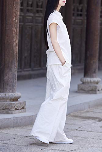 Camiseta de Manga Corta de Lino para Mujer Blusa con Botones Estilo Chino de Rana