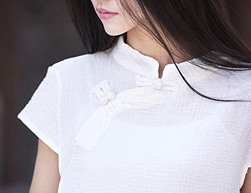 Camiseta de Manga Corta de Lino para Mujer Blusa con Botones Estilo Chino de Rana