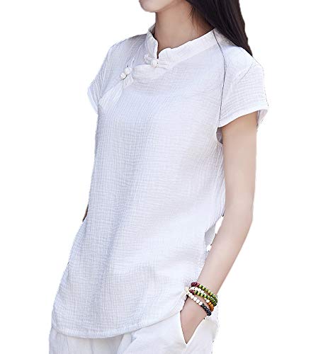 Camiseta de Manga Corta de Lino para Mujer Blusa con Botones Estilo Chino de Rana
