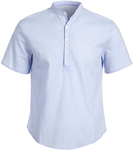 Camiseta de Manga Corta para Hombre Camisa Ajustada de Color Liso Camisa Ocio de Algodón y Lino con Cuello en V Blusa de Moda con Botones T-Shirt Verano Informal (Azul, L)