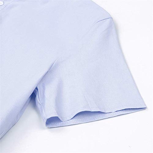 Camiseta de Manga Corta para Hombre Camisa Ajustada de Color Liso Camisa Ocio de Algodón y Lino con Cuello en V Blusa de Moda con Botones T-Shirt Verano Informal (Azul, L)