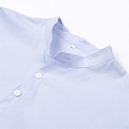 Camiseta de Manga Corta para Hombre Camisa Ajustada de Color Liso Camisa Ocio de Algodón y Lino con Cuello en V Blusa de Moda con Botones T-Shirt Verano Informal (Azul, L)