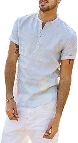 Camiseta de Manga Corta para Hombre Camisa Ajustada de Color Liso Camisa Ocio de Algodón y Lino con Cuello en V Blusa de Moda con Botones T-Shirt Verano Informal (Azul, L)