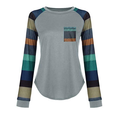 Camiseta de Manga Larga a Rayas con Cuello Redondo para Mujer Sudadera Camiseta Primavera Verano Manga Larga Camisa a Rayas Elegante Verano riou