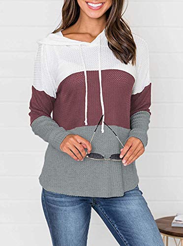 Camiseta de Manga Larga Color Bloque Waffle de Punto con cordón suéter Sudadera con Capucha para Mujer (M,Rojo Malva)